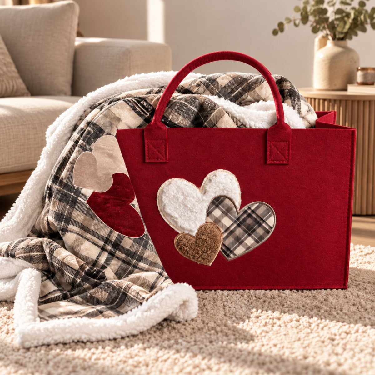 Bag + coperta tartan ciniglia e sherpa cuoricini Zambaiti trousse
